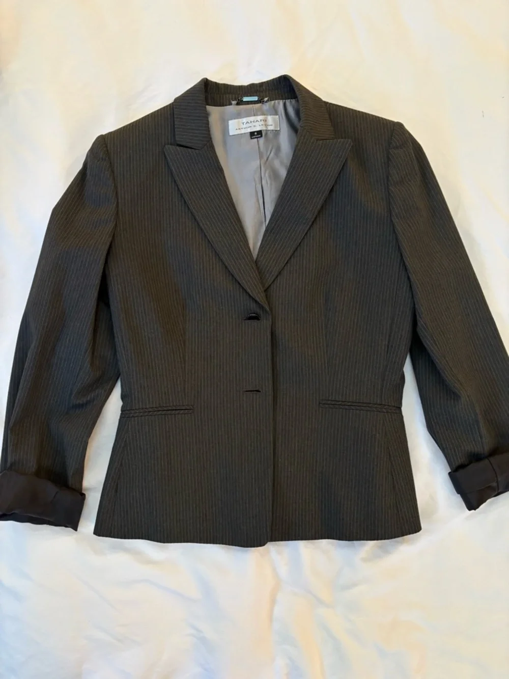 Tahari Classic Women's Charcoal Pinstripe Blazer & Skirt Set - Picture 3 of 15
